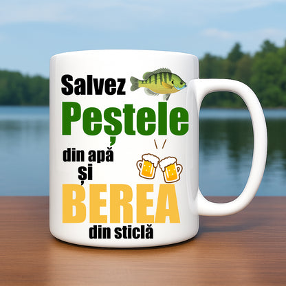 Cană pentru pescar cu mesaj: Salvez peștele din apă și berea din sticlă