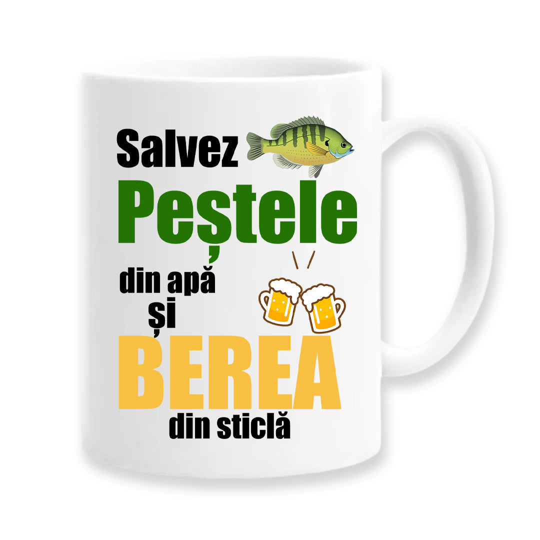 Cană pentru pescar cu mesaj: Salvez peștele din apă și berea din sticlă